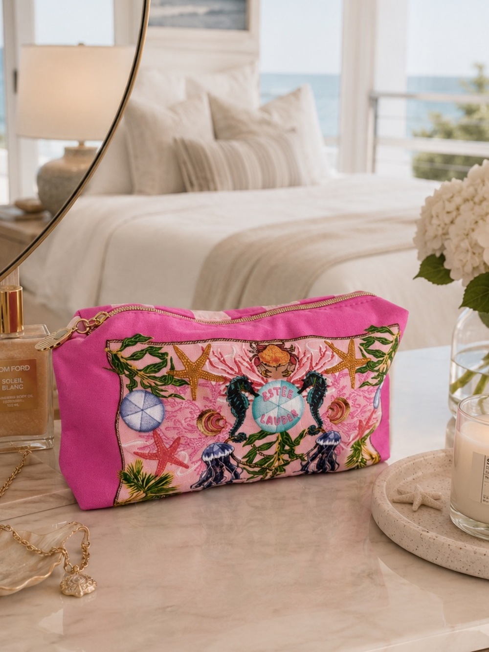 Estee Lauder Hot Pink Embroidered Ocean Cosmetic Pouch